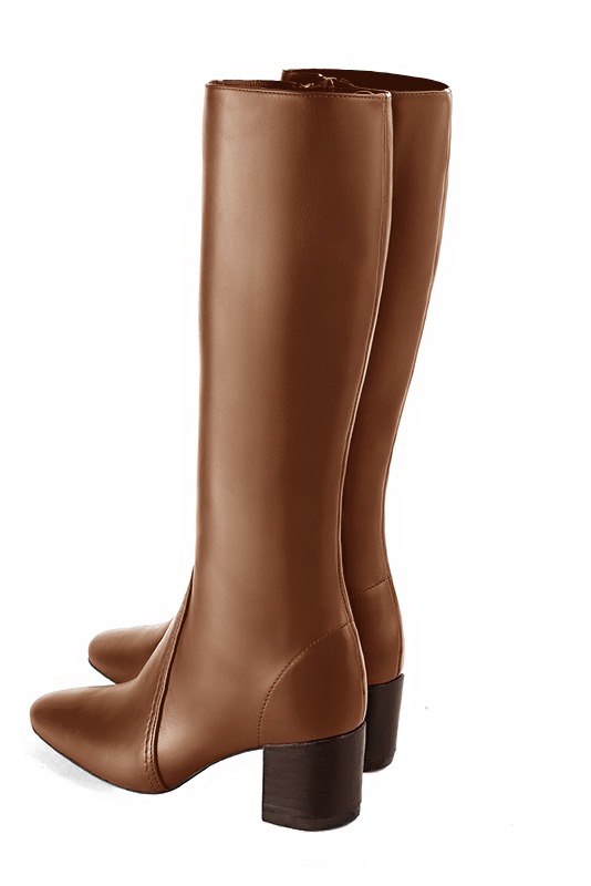 Caramel brown women's feminine knee-high boots. Round toe. Medium block heels. Made to measure. Rear view - Florence KOOIJMAN